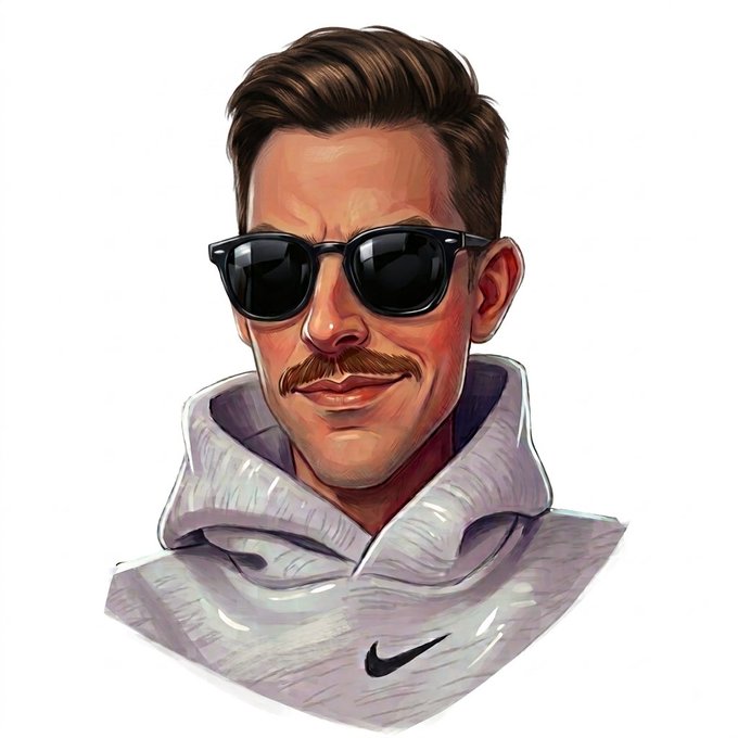 A stylized illustration shows a man with brown hair, a mustache, and black sunglasses wearing a white Nike hoodie. The portrait complements a post bidding farewell to the Web3/crypto community, evoking a confident, composed "moving on" vibe as the author transitions to new ventures.