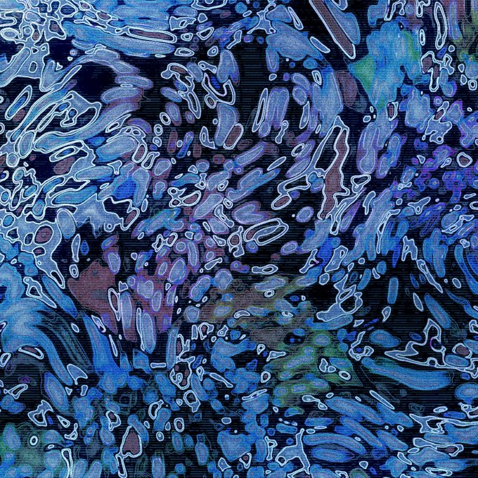 An abstract digital artwork featuring swirling blue and purple organic shapes outlined in white against a dark background, resembling fluid or cellular patterns.