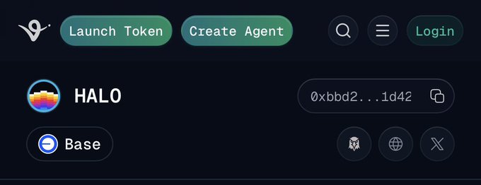 The image shows a webpage for HALO on Base, featuring navigation buttons for "Launch Token" and "Create Agent," a partially visible wallet address (0xbbd2...1d42), and social/external links, aligning with the post's announcement of the Halo token launch by Warden Protocol on Virtuals.