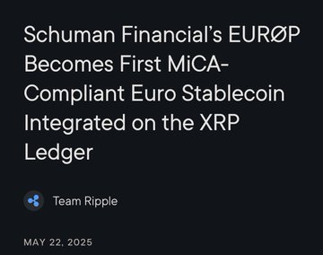 An article header reads "Schuman Financial's EURØP Becomes First MiCA-Compliant Euro Stablecoin Integrated on the XRP Ledger" by Team Ripple, dated May 22, 2025.