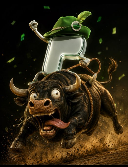A furious, cartoonish bull charges through the dirt with a glassy letter "P" wearing a green leprechaun hat riding on its back, symbolizing bullish momentum for the "$ponshood" token accumulation and upcoming burn. The intense, wild-eyed expression of the bull embodies the post's claim that "the delusional bull always wins."