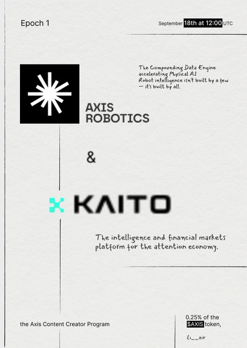 A minimalist promotional graphic announcing 'Epoch 1' on September 18th at 12:00 UTC, featuring the AXIS ROBOTICS and KAITO logos, describing them as 'The Compounding Data Engine' and 'The intelligence and financial markets platform for the attention economy'.