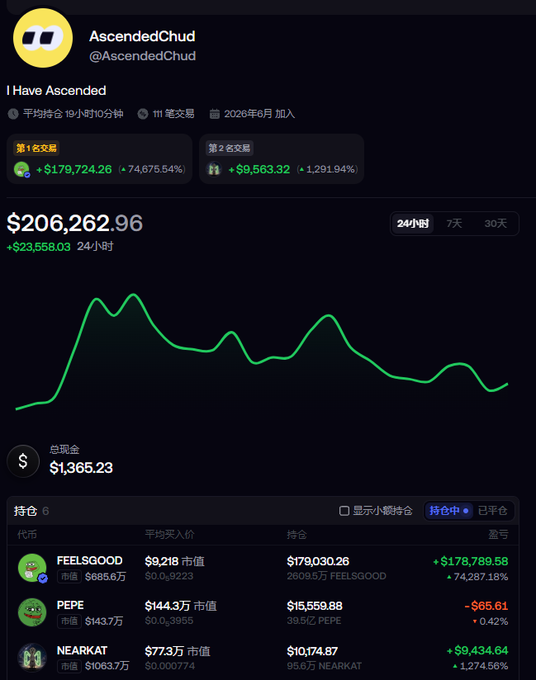 A screenshot of the "AscendedChud" portfolio tracking dashboard showing a 24-hour gain of $206,262.96 (+$23,558.03), with a top-performing holding of FEELSGOOD at $179,030.26 (a +74,675.54% gain on a 9.2M market cap entry) alongside positions in PEPE and NEARKAT, illustrating the post's claim of a massive multi-thousand-percent return on a small initial investment.