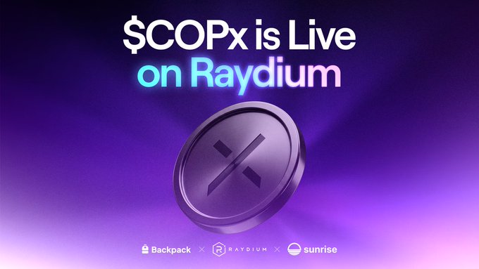 A promotional graphic with a purple gradient background displays "$COPx is Live on Raydium" above a stylized 3D coin icon, with logos for Backpack, Raydium, and Sunrise at the bottom—visually announcing the launch of tokenized COPx (Global X Copper Miners ETF) trading on the Solana-based Raydium platform via Backpack and Sunrise.