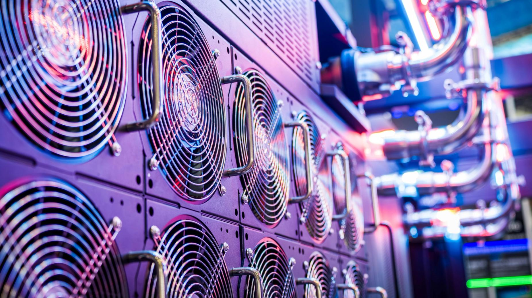 A row of industrial Bitcoin mining rigs with cooling fans and tangled cables glowing in vibrant pink and blue neon light, symbolizing the hardware infrastructure behind the Simple Mining company's decision to reject BIP-110 support despite operating through Ocean pool. The image's colorful, interconnected machinery visually represents the decentralized network of choice where miners can independently decide which improvement proposals to adopt.