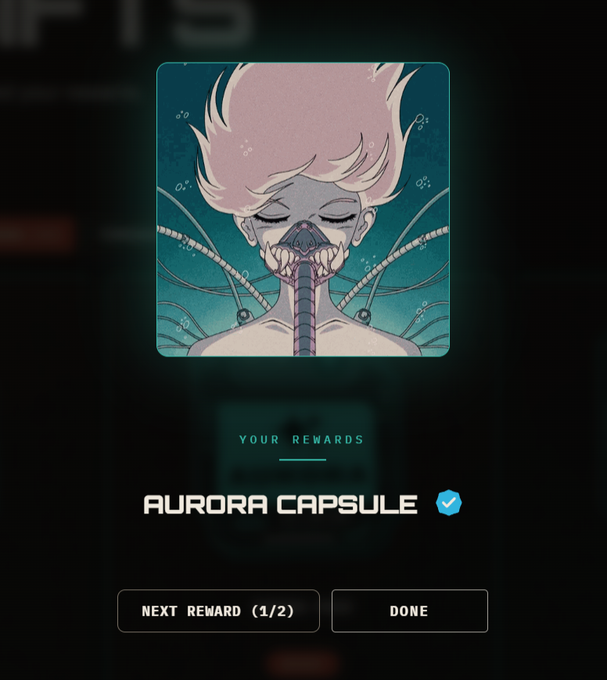 A digital rewards screen showing an 'AURORA CAPSULE' NFT depicting a figure with pink hair and a breathing apparatus underwater.