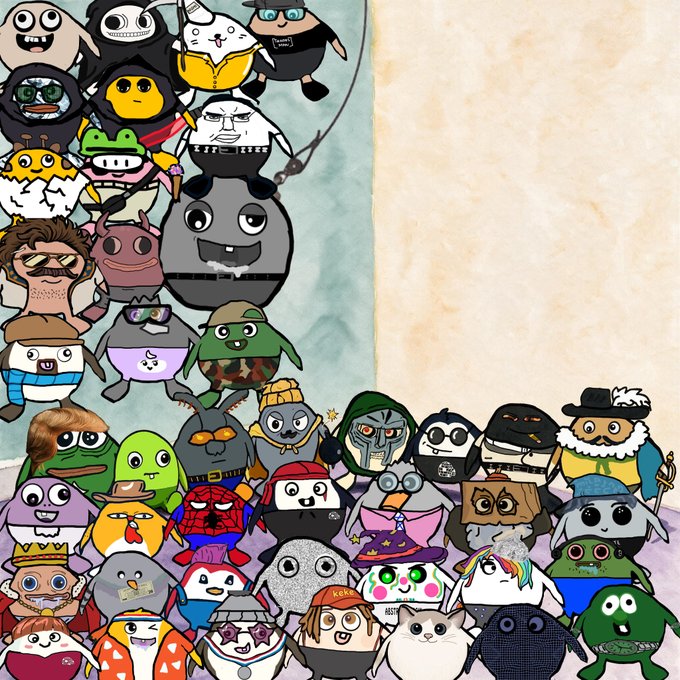 A collage of cartoon-style rounded characters featuring various pop culture references like Spider-Man, The Terminator, and a cowboy, filling the left and bottom of the frame while leaving empty parchment-colored space on the right. The post suggests the creator is offering these "honorary" custom character NFTs and asking for EVM wallet addresses to deliver them to collectors.