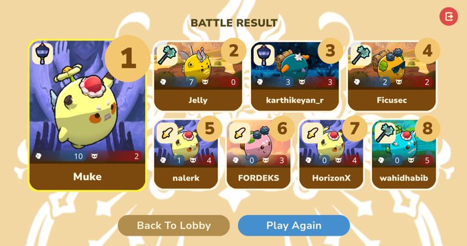 Game 'BATTLE RESULT' screen showing player 'Muke' in 1st place with 10 wins and 2 losses using a round yellow character, followed by players Jelly, karthikeyan_r, Ficusec, nalerk, FORDEKS, HorizonX, and wahidhabib.
