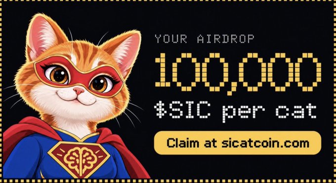 A pixel-art style graphic featuring an orange tabby cat in a superhero costume, advertising 'YOUR AIRDROP 100,000 $SIC per cat' with a yellow button reading 'Claim at sicatcoin.com'.
