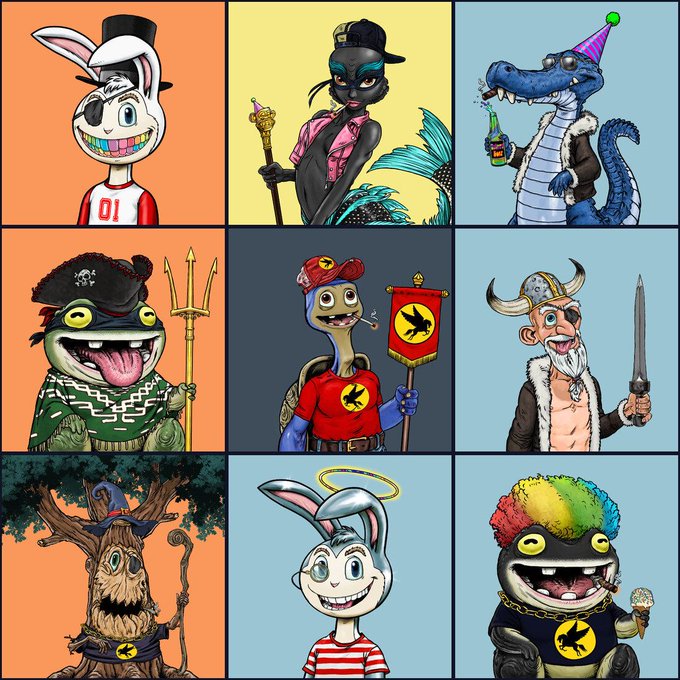 A 3x3 grid of cartoon illustrations featuring various quirky characters including a rabbit, an alligator, frogs, a turtle, and a bird wearing a Viking helmet and holding a sword.