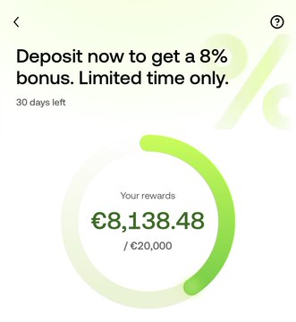 The image displays an OKX promotional banner reading "Deposit now to get a 8% bonus. Limited time only" with "30 days left," alongside a progress circle showing current rewards of €8,138.48 out of a €20,000 goal, visually representing the user's accumulation toward the maximum bonus mentioned in the post.