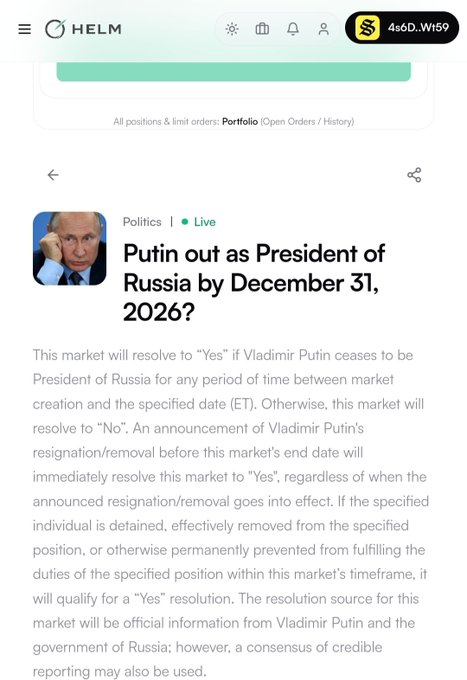 This image shows a prediction market on the HELM app predicting if "Putin out as President of Russia by December 31, 2026?". The accompanying post contrasts social media speculation with prediction markets, where having "something at stake" leads to accountability.