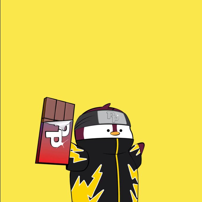 A cartoon penguin ninja character wearing a black cloak with lightning designs, holding a chocolate bar with a 'P' logo on a yellow background.