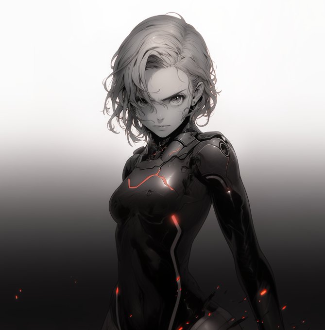 A monochromatic digital illustration of a silver-haired female character in a sleek, futuristic black bodysuit with glowing red accents.
