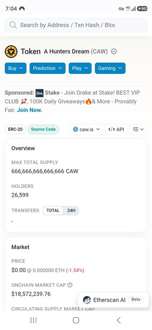 A screenshot of a mobile crypto tracking app showing Token 'A Hunters Dream (CAW)' with a max supply of 666,666,666,666,666 CAW and a market cap of $18,572,239.76.