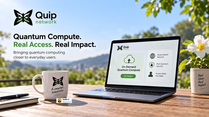 An advertisement for Quip network with the text 'Quantum Compute. Real Access. Real Impact. Bringing quantum computing closer to everyday users.' displayed next to a laptop and branded mugs.