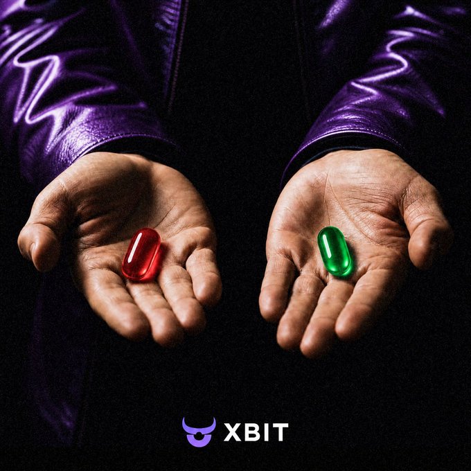 Marketing image for XBIT featuring hands in purple leather sleeves holding a red and green pill, referencing the red/green crypto chart meme.