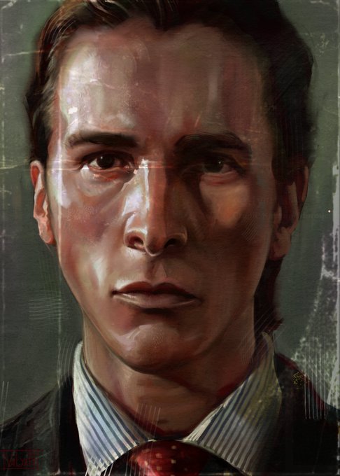 A painted portrait of a man with dark hair wearing a striped shirt and red tie against a dark green background, with a signature 'JALIB' in the bottom left corner.