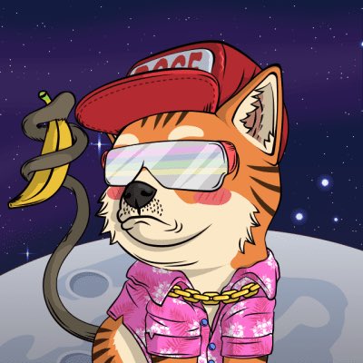 A cartoon illustration of an orange Shiba Inu dog wearing a red cap, pixelated sunglasses, a pink Hawaiian shirt, and a gold chain, holding a yellow banana against a starry space background.