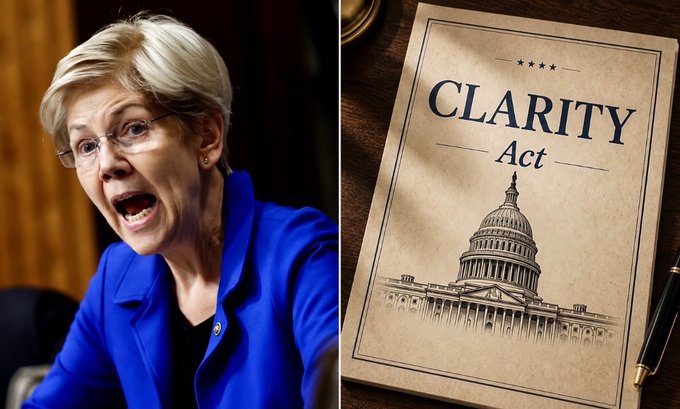 Senator Elizabeth Warren is shown speaking out against the "CLARITY Act," a document featured on the right side of the image. The image visually represents her opposition to the proposed legislation.