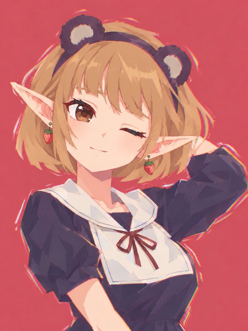 Anime-style illustration of an elf girl with short blonde hair, pointy ears, a black and white sailor-style dress, and bear ear headband, winking while wearing strawberry earrings against a pink background.