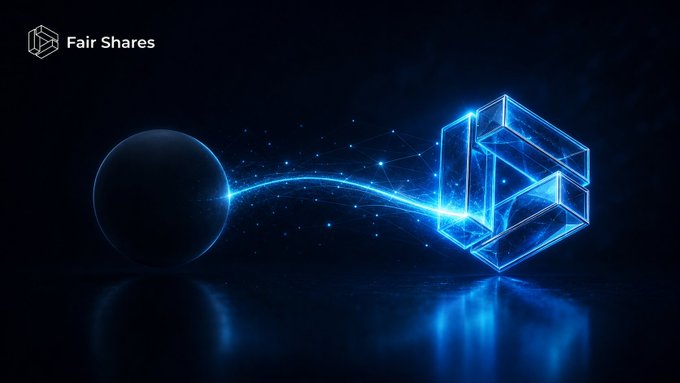 Fair Shares branding image showing a glowing blue wireframe cube connected to a dark sphere by a luminous energy line against a dark background.