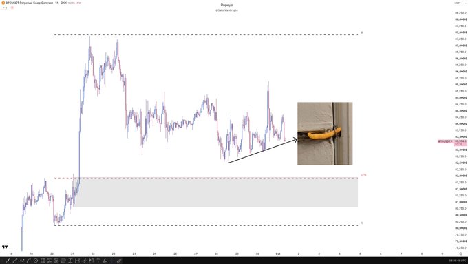 A candlestick chart of BTC/USDT Perpetual Swap Contract on Binance shows Bitcoin's price action breaking above a descending trendline, humorously illustrated by a photo of a banana on a door labeled with an arrow pointing to the breakout level. The chart displays price ranging roughly between $83,000 and $88,000 over early March 2025.