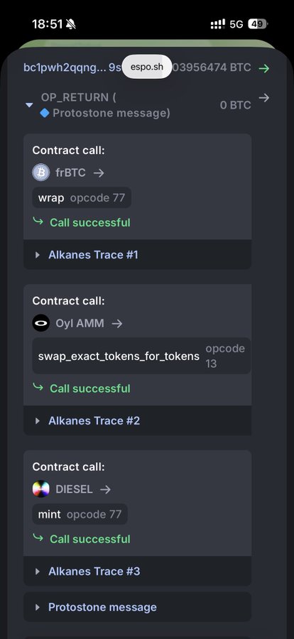 A mobile screenshot showing a Bitcoin transaction on espo.sh, detailing contract calls including a wrap on frBTC (opcode 77), a swap_exact_tokens_for_tokens on Oyl AMM (opcode 13), and a mint on DIESEL (opcode 77).