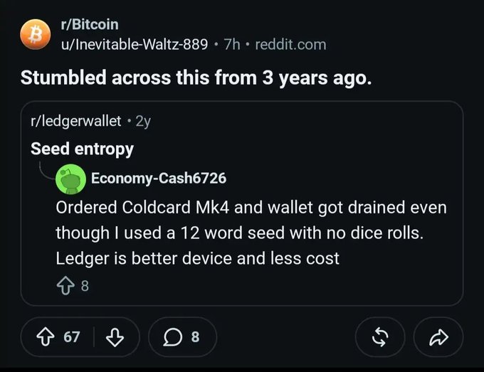 This image shows a Reddit post from 3 years ago on r/ledgerwallet about a user's Coldcard Mk4 wallet being drained despite using a 12-word seed. The post, discovered on r/Bitcoin, suggests a long-standing "randomness flaw" issue.