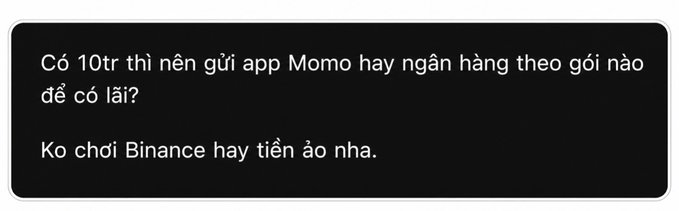 A Vietnamese text message asking whether it's better to send 10 million via MoMo app or bank transfer, and not Binance or crypto.