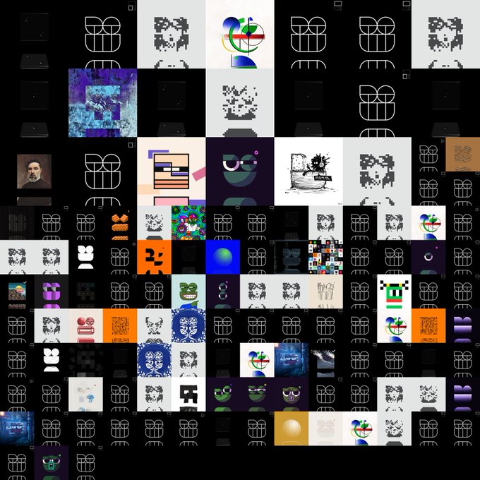 A grid-like collage of various digital artwork thumbnails featuring abstract patterns, pixel art characters, faces, and graphic designs on predominantly black backgrounds.