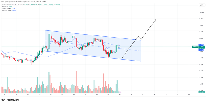 The image displays a TradingView chart of Horizen (ZEN) on Binance, showing price action between $6.9 and $7.5 with a 0.14% gain, where ZEN is consolidating within an ascending channel near the 7.233 resistance level, with volume bars below and an arrow indicating a potential breakout toward higher targets if the lower channel support holds.