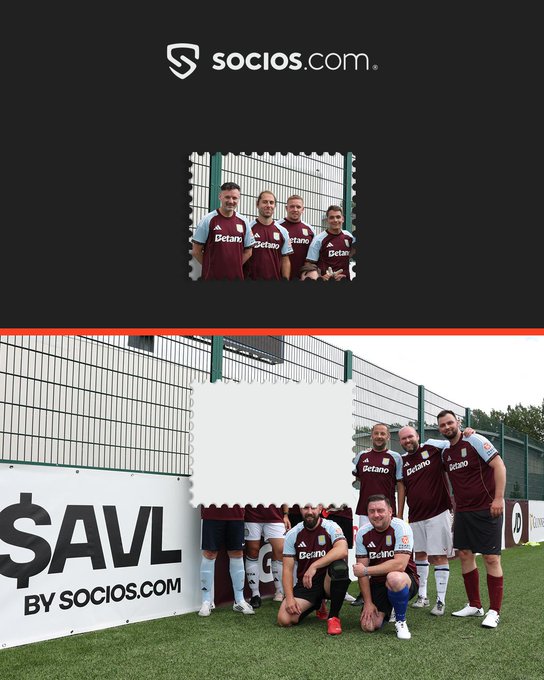 Socios.com promotional image showing Aston Villa football players posing with '$AVL' signage on a football pitch, with the Socios.com logo at the top.