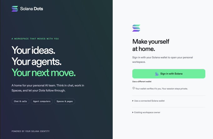 A landing page for 'Solana Dots' displays the tagline 'Your ideas. Your agents. Your next move.' alongside a 'Sign in with Solana' button.