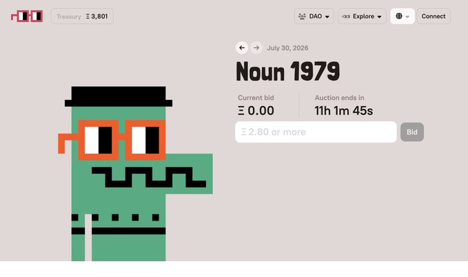 The image shows the Nouns DAO auction page for "Noun 1979" on July 30, 2026, with a current bid of Ξ 0.00 and an auction countdown of 11h 1m 45s, illustrating the post's point that the once-popular NFT project is no longer generating meaningful revenue as no bids have been placed.
