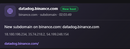 The image shows a Datadog monitoring notification alerting to a new subdomain "datadog.binance.com" on binance.com, with IPs 18.180.196.234, 35.74.218.2, and 54.199.248.154 flagged as a "New host." This relates to the post by suggesting Binance's subdomain system may be misused to host fraudulent sites disguised under legitimate-looking Binance URLs.