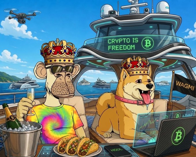 A cartoon illustration of two Shiba Inu dogs wearing golden crowns on a luxury yacht, one holding champagne next to a champagne bucket with tacos, the other sitting near a laptop showing Bitcoin charts. The yacht's digital sign reads 'CRYPTO IS FREEDOM' alongside a Bitcoin symbol, and a flag displays 'WAGMI'.