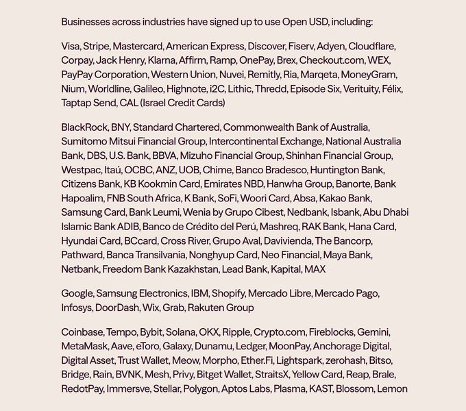 A list of major companies signed up to use Open USD (OUSD), featuring financial giants like Visa, Mastercard, BlackRock, BNY, Google, and Coinbase, alongside crypto platforms such as Solana, Ripple, and MetaMask. The image supports the post by showcasing OUSD's broad industry adoption across banking, tech, and crypto sectors as it positions itself to compete with USDC and USDT by passing yield to users.