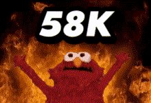 The image features a cartoon character, likely Elmo from "Sesame Street", with his arms raised high above his head against a backdrop of flames. The text at the bottom of the image reads "59k" which could be interpreted as an advertisement for a product or service related to the number 59K. The post suggests that if viewers spend the summer at this number, they will experience a unique and entertaining experience.
