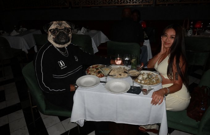 A woman in a cream dress poses at a candlelit restaurant table next to a person wearing a pug mask and a black Champion track jacket, with pizzas and pasta spread between them. The caption "we already knew paypug" plays on the mask, suggesting the well-dressed "pug" companion is already a familiar or expected date.