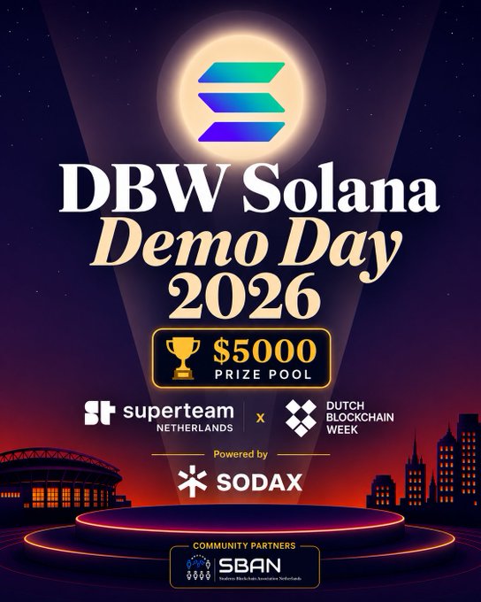 The image features a poster for a Demo Day event at the Johan Cruijff Arena in Amsterdam. The poster displays an illustration of a city skyline, with the text "DBW Solana Demo Day 2026" written below it. There is also a gold trophy placed on top of the poster, indicating that this year's event will be a competition for the best blockchain projects. The poster includes logos and contact information for sponsors such as SodaX and Superteam.