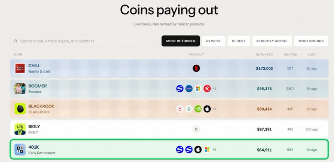 A 'Coins paying out' page listing live treasuries ranked by holder payouts, featuring CHILL, BOOMER, BLACKROCK, BIGLY, and 401K (Early Retirement) coins.