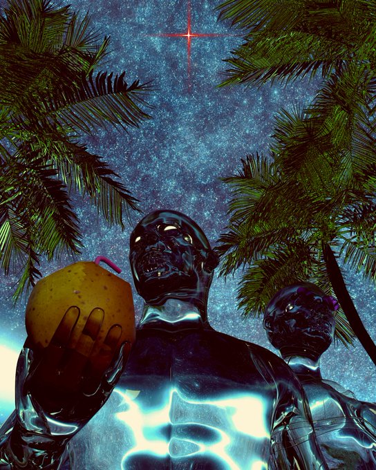 A 3D-rendered digital art piece featuring two glossy, dark humanoid figures under a starry night sky with palm trees; one holds a yellow fruit resembling a mango.