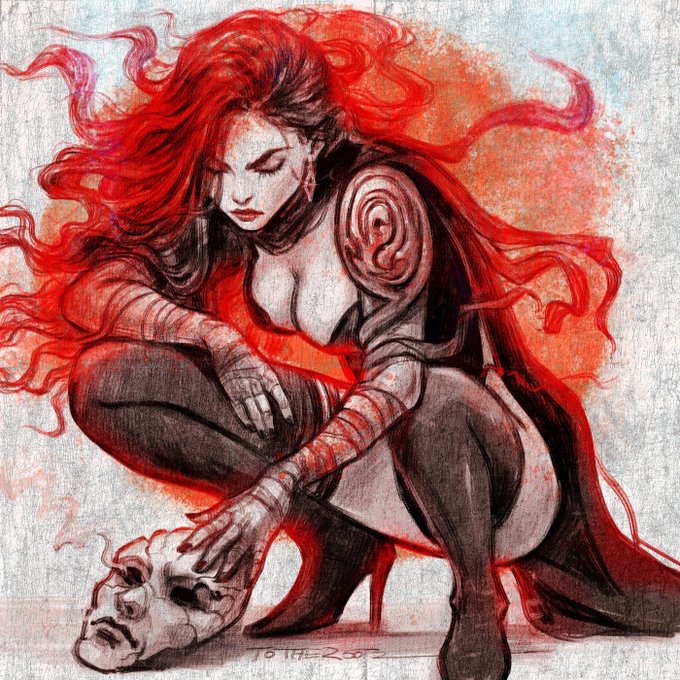 An artistic illustration of a red-haired woman in dark clothing crouching with her hand resting on a skull, signed 'Jo Mi 2002'.