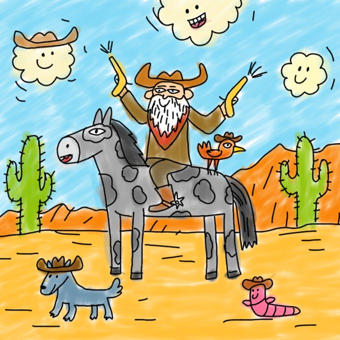A colorful cartoon drawing depicts an old man with a white beard wearing a cowboy hat and bandana, riding a spotted horse while holding two pistols in the air; a dog, a bird, and a worm wearing cowboy hats surround him in a desert landscape with cacti and smiling clouds.