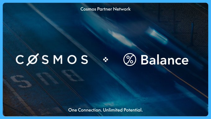 The image is a promotional graphic with a dark blue blurred background showing a road, featuring the text "Cosmos Partner Network" at the top, the logos for "CØSMOS" and "Balance" separated by a plus sign in the center, and the tagline "One Connection. Unlimited Potential." at the bottom. It visually represents the partnership announcement described in the post, highlighting how Balance's institutional digital asset infrastructure services are now integrated with Cosmos for tokenization and digital asset initiatives.