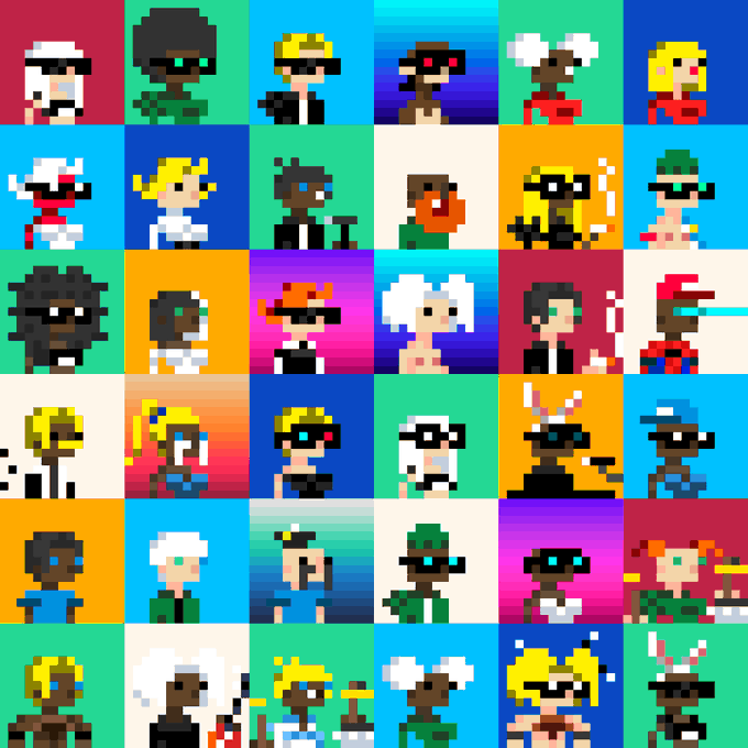 A grid of colorful pixel art portraits featuring various characters with different hairstyles, sunglasses, and outfits against bright, varied backgrounds.