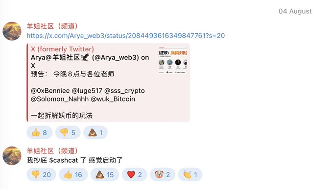 The image shows two posts from the "羊姐社区" (Yangjie Community) channel on X, dated 04 August. The first post previews a Twitter Space at 8 PM with several crypto figures (@Arya_web3, @0xBenniee, @luge517, @sss_crypto, @Solomon_Nahhh, @wuk_Bitcoin) to discuss meme coin strategies, while the second post announces taking a position in $cashcat, noting it feels promising and receiving community engagement with 20 comments and 16 likes. The image relates to the accompanying post by illustrating the community channel where the author shares their $cashcat trade thesis, which centers on applying their banker coin strategy to an unlisted Binance contracts meme coin with 20-30% floating profit from a 60m entry.