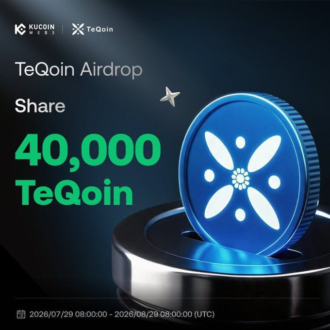 A promotional graphic for a TeQoin Airdrop collaboration between KuCoin Web3 and TeQoin, advertising a shared pool of 40,000 TeQoin tokens running from July 29 to August 29, 2026 (UTC), with a large blue TeQoin coin featured prominently on a metallic platform. The image visually reinforces the post's call to action for users to join the campaign and complete tasks to earn a share of the 40,000 $TEQOIN reward.