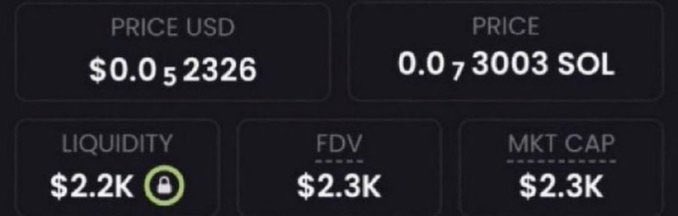 A cryptocurrency price display showing PRICE USD at $0.052326, PRICE at 0.073003 SOL, LIQUIDITY of $2.2K (locked), FDV of $2.3K, and MKT CAP of $2.3K.